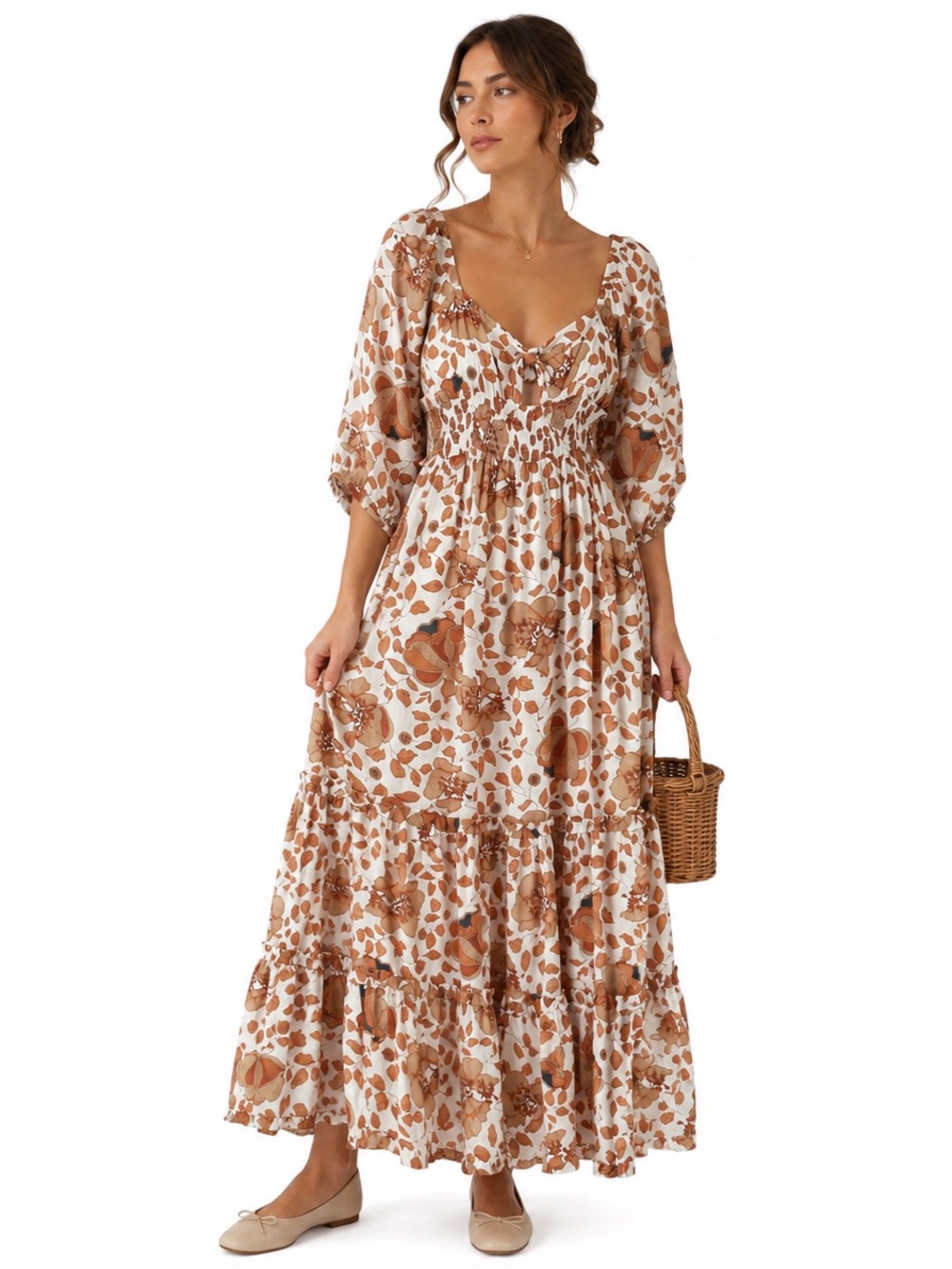 ANTHROPOLOGIE Brown Floral Maxi Dress Smocked Empire Waist Cottagecore Boho S